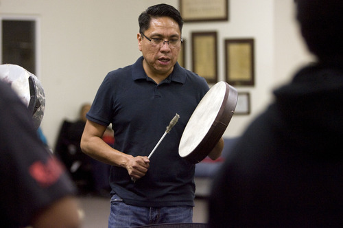 Kim Raff  |  The Salt Lake Tribune
A.J. Kanip performs during a Round Dance, organized by members of the Ute Indian Tribe, at Uinta River High School in Fort Duchesne on February 9, 2013.