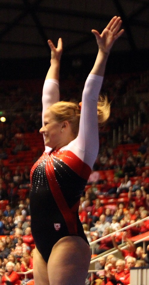 Rick Egan  | The Salt Lake Tribune 

Tory Wilson competes on the vault for the Ute's, in gymnastics action against The University of California, at the Huntsman Center, Saturday, February 9, 2013.