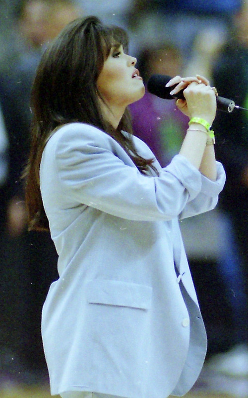Steve Griffin  | The Salt Lake Tribune 

Marie Osmond sings the national anthem before the Legends game during the 1993 All Star festivities, in the Delta Center in Salt Lake City, Saturday, February 20, 1993.