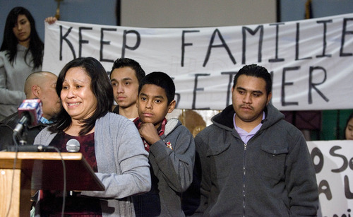 Paul Fraughton  |  The Salt Lake Tribune
Standing in front of her children, Ana Cañenguez breaks into tears as she talks at a press conference about her struggle to remain in this country and avoid a pending deportation to El Salvador.
 Monday, February 18, 2013