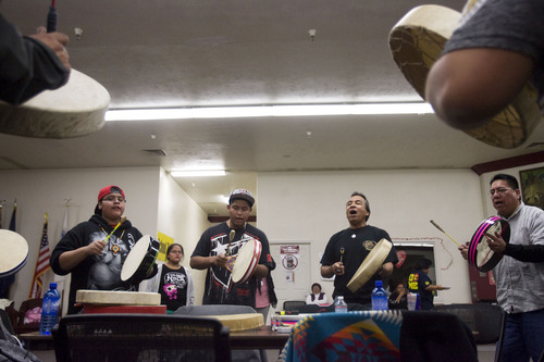 Kim Raff  |  The Salt Lake Tribune
Drummers perform during a Round Dance, organized by members of the Ute Indian Tribe, at Uinta River High School in Fort Duchesne on February 9, 2013.