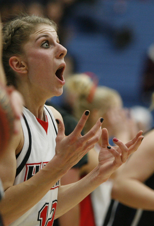 Rick Egan  | The Salt Lake Tribune 

Adrianna Jensen (12)_Alta, reacts after she is whistled for a foil late in the game, in the girls state 5A basketball tournament, Alta vs. Pleasant Grove, in Taylorsville, Monday, February 18, 2013.