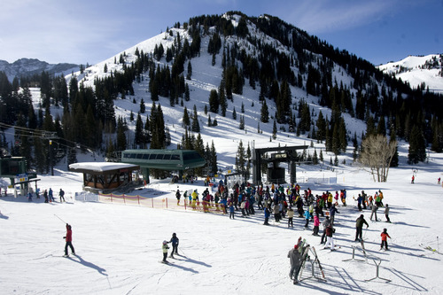 Kim Raff  |  The Salt Lake Tribune
People congregate at the bottom of Sunnyside lift at Alta Ski Area on Presidents Day, Monday, Feb. 18, 2013.