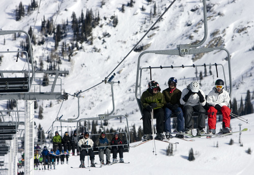Kim Raff  |  The Salt Lake Tribune
People ride the Sugarloaf lift at Alta Ski Area on Presidents Day, Monday, Feb. 18, 2013.