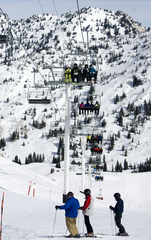 Kim Raff  |  The Salt Lake Tribune
People ski down the Little Dipper trail as people ride the Sugarloaf lift at Alta Ski Area on Presidents Day, Monday, Feb. 18, 2013.