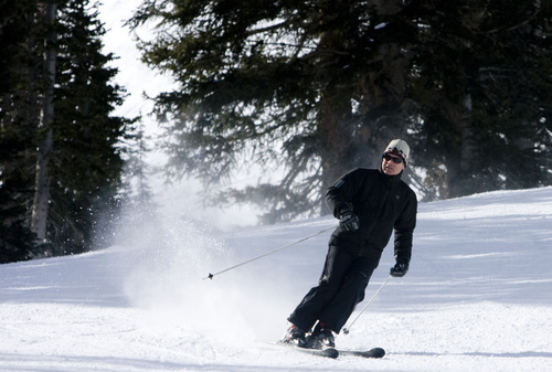 Kim Raff  |  The Salt Lake Tribune
A skier rides down the Rollercoaster trail at Alta Ski Area on Presidents Day, Monday, Feb. 18, 2013.