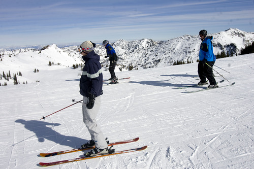 Kim Raff  |  The Salt Lake Tribune
People get ready to ski down trails at the top of the Sugarloaf lift at Alta Ski Area on Presidents Day, Monday, Feb. 18, 2013.