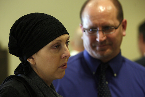 Francisco Kjolseth  |  The Salt Lake Tribune
Kellie Gubler of St. George who is battling cancer, pictured alongside alongside her husband Dave speaks in support of SB189, the oncology insurance amendments bill that would bring the cost of oral medications down to be treated as favorably as infustion therapy.