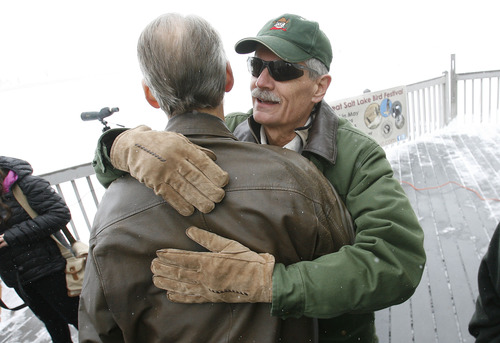 Scott Sommerdorf  |  The Salt Lake Tribune
Bob Hasenyager, left, hugs Courtland Nelson, former director of Utah State Parks and Recreation, as he arrives at ceremony to rename the Great Salt Lake Nature Center Saturday, February 9, 2013. Hasenyager is a former DWR employee and the executive director of the Utah Wildlife in Need (UWIN) Foundation. To honor his commitment to wildlife education, the DWR and UWIN Board of Directors renamed the center the Robert N. Hasenyager Great Salt Lake Nature Center.