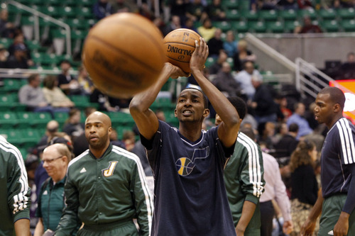 Chris Detrick  |  The Salt Lake Tribune
Utah Jazz small forward Jeremy Evans (40) warms up before the game at EnergySolutions Arena Tuesday February 19, 2013.