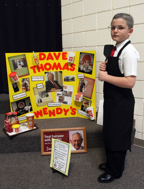 Rick Egan  |  The Salt Lake Tribune 
Third-grader Cade Gillen poses as Dave Thomas in the wax museum at Copper Canyon Elementary School in West Jordan, Thursday, February 21, 2013. The annual mock wax museum is a third-grade research project.