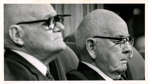 Tribune file photo
Spencer W. Kimball, right, then president of The Church of Jesus Christ of Latter-day Saints, presides over a session of General Conference in October 1978 along with counselor Marion G. Romney. During this conference, Mormon faithful voted to sustain a historic policy shift, clearing the way for black Latter-day Saints to serve in the faith's all-male priesthood. Later, Kimball grew old and largely retired from public view, prompting his counselors and other Mormon apostles to take on more visible roles.