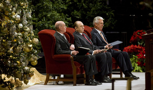 Tribune file photo
The LDS Church First Presidency in 2009: First Counselor Henry B. Eyring, left, President Thomas S. Monson and Second Counselor Dieter F. Uchtdorf. Together, they form the governing body in the LDS Church. When an LDS Church president is unable to fulfill all his duties, his counselors pick up much of the workload.