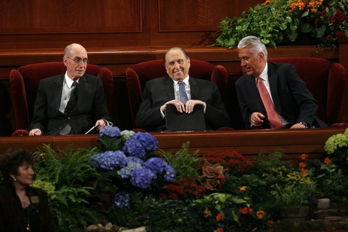 Tribune file photo 
Henry B. Eyring, President Thomas S. Monson and Dieter F. Uchtdorf share a few words before the start of the second session of General Conference in 2010. Together, they make up the LDS Church's governing First Presidency.