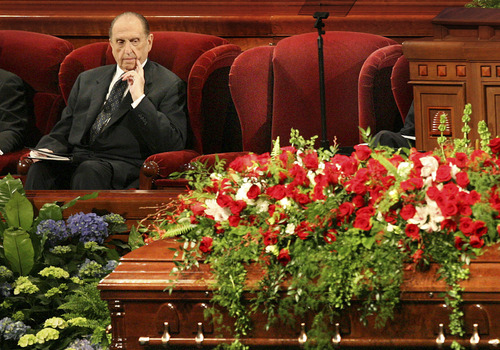 Tribune file photo
LDS Church President Thomas S. Monson contemplates the casket of his friend and predecessor, President Gordon B. Hinckley, at the Conference Center in downtown Salt Lake City on Feb. 2, 2008. Monson, as senior Mormon apostle, became the faith's next leader.