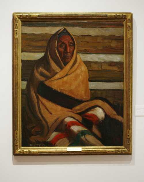 Francisco Kjolseth  |  The Salt Lake Tribune
Kathryn Woodman Leighton (American, 1875-1952) Blanket Man, Oil on canvas. "Bierstadt to Warhol: American Indians in the West" is the Utah Museum of Fine Arts' new exhibit including a variety of work from diverse artists, including Albert Bierstadt, Joseph Sharp, Andy Warhol, Shonto Begay and others. The exhibit opens Feb. 15 and runs through Aug. 11, on the University of Utah campus.