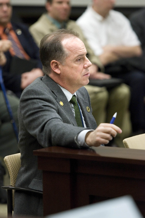 Paul Fraughton  |  The Salt Lake Tribune
Rep. Brian Greene at a committee hearing on his HB114, which would allow local sheriffs to arrest federal agents trying to seize guns from Utah residents. Friday, February 22, 2013