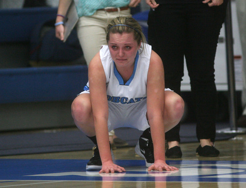 Steve Griffin | The Salt Lake Tribune

With tears in her eyes Sky View's McKenley Hellstern watches helplessly from the sidelines after fouling out of the game in an overtime loss to Timpview during 4A state playoff game at Salt Lake Community College in West Valley City, Utah Friday February 22, 2013.