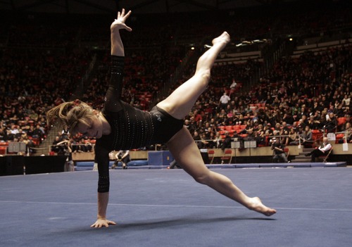 Kim Raff  |  The Salt Lake Tribune
University of Utah gymnast Lia Del Priore performs her floor routine during a meet against Stanford at the Huntsman Center in Salt Lake City on February 23, 2013. Del Priore scored a perfect 10 on the routine.