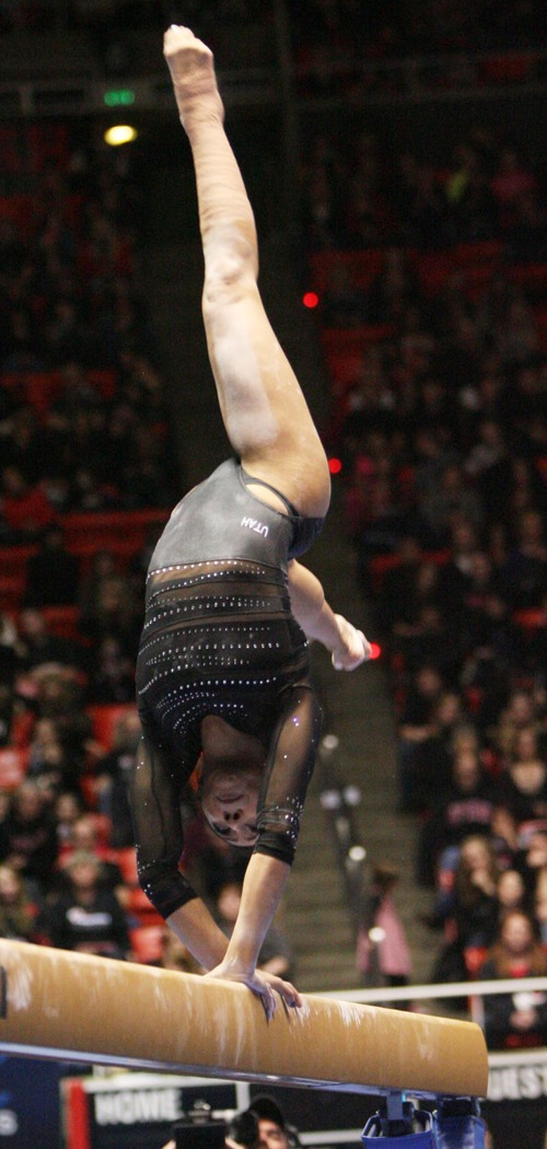 Kim Raff  |  The Salt Lake Tribune
University of Utah gymnast Kassandra Lopez performs a beam routine during a meet against Stanford at the Huntsman Center in Salt Lake City on February 23, 2013.