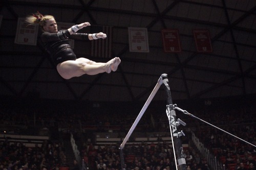 Kim Raff  |  The Salt Lake Tribune
University of Utah gymnast Tory Wilson performs an uneven bar routine during a meet against Stanford at the Huntsman Center in Salt Lake City on February 23, 2013.