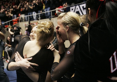 Kim Raff  |  The Salt Lake Tribune
University of Utah gymnast Lia Del Priore gets hugs from teammates after scoring a perfect 10 on her floor routine during a meet against Stanford at the Huntsman Center in Salt Lake City on February 23, 2013.