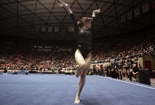 Kim Raff  |  The Salt Lake Tribune
University of Utah gymnast Nansy (cq) Damianova performs her floor routine during a meet against Stanford at the Huntsman Center in Salt Lake City on February 23, 2013.