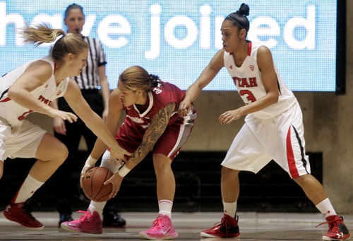 Kim Raff  |  The Salt Lake Tribune
University of Utah players (left) Taryn Wcijowski and (right) Iwalani Rodrigues defend Washington State player (middle) Lia Galdeira as she tries to keep possession during a game at the Huntsman Center in Salt Lake City on February 24, 2013. Utah went on to win 59-47.