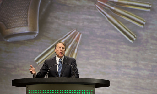 Lennie Mahler  |  The Salt Lake Tribune
National Rifle Association Vice President Wayne LaPierre speaks to a crowd at the Western Hunting and Conservation Expo Banquet at the Salt Palace Convention Center in Salt Lake City, Saturday, Feb. 23, 2013.