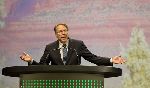 Lennie Mahler  |  The Salt Lake Tribune
National Rifle Association Vice President Wayne LaPierre speaks to a crowd at the Western Hunting and Conservation Expo Banquet at the Salt Palace Convention Center in Salt Lake City, Saturday, Feb. 23, 2013.