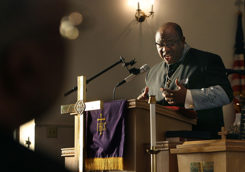 Scott Sommerdorf  |  The Salt Lake Tribune
The Rev. Charles T. Wright, pastor of Embry Chapel AME Church of Ogden, preaches at Trinity AME Community Church Founders Day service in Salt Lake City Sunday, February 23, 2013. "Our past and our inheritance reminds us we are not orphans, that we are heirs of a great inheritance," he told the congregation.
