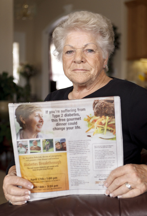 Trent Nelson  |  Tribune file photo
Betty Burgener says she fell victim to a scam by chiropractor Brandon Babcock. Burgener, of Mountain Green, was photographed Tuesday, April 17, 2012, in her home holding a copy Babcock's newspaper advertisement offering a breakthrough in the treatment of diabetes.