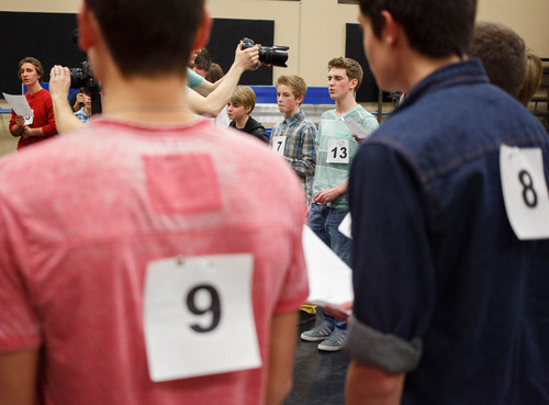 Trent Nelson  |  The Salt Lake Tribune
Boys sing during auditions for a new boy band Saturday, February 23, 2013 in Highland. Sixteen boys competed for two slots in a five-member boy band being formed by two Utah music entrepreneurs. Three Utah boys were chosen in earlier tryouts.