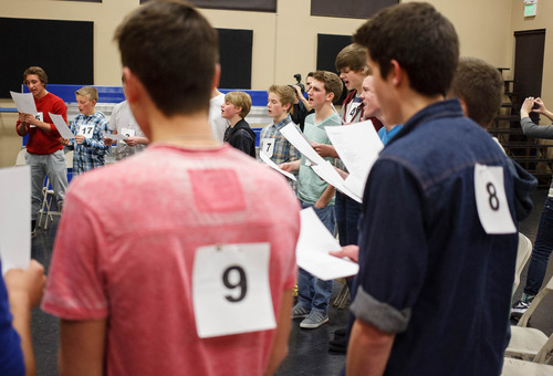 Trent Nelson  |  The Salt Lake Tribune
Boys sing during auditions for a new boy band Saturday, February 23, 2013 in Highland. Sixteen boys competed for two slots in a five-member boy band being formed by two Utah music entrepreneurs. The auditions and deliberations were videotaped for a potential reality series.