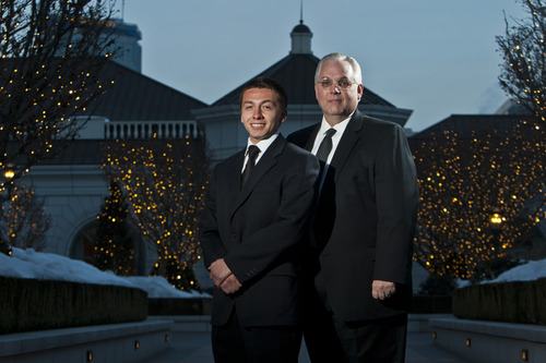 Chris Detrick  |  The Salt Lake Tribune
Chris Quintana and Sen. Stuart Reid, R-Ogden, pose for a portrait before the Hispanic Scholarship Dinner at The Grand America Hotel in Salt Lake City Saturday February 16, 2013. Sen. Stuart Reid, R-Ogden is sponsoring SB53, legislation that would form a commission to track intergenerational poverty and devise ways to overcome it. Chris Quintana's family exemplifies intergenerational poverty, but with a lot of outside support Quintana has managed to break out of it. He lettered in three sports in high school, got into Brigham Young University on an academic scholarship, and recently returned from serving an LDS mission.