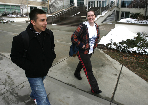 Rick Egan  | The Salt Lake Tribune 

Chris Quintana walks to class with Kelli Lippard, on the BYU campus in Provo, Friday, February 22, 2013. Quintana's family exemplifies intergenerational poverty, but with a lot of outside support Quintana has managed to break out of it. He served an LDS mission and now attends BYU.