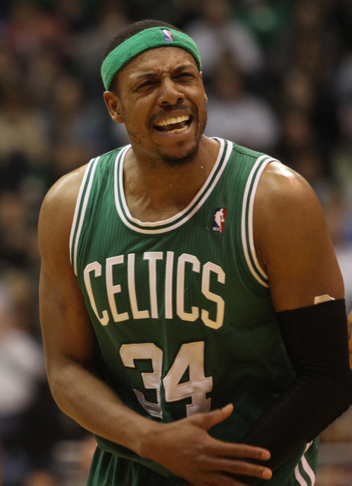 Rick Egan  | The Salt Lake Tribune 

Boston Celtics small forward Paul Pierce (34), protests a call by the official, in NBA action at the EnergySolutions Arena,  Monday, February 25, 2013. The officials reversed the call, and gave the ball back to the Celtics.
