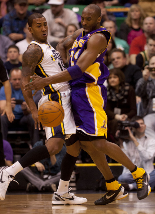 Trent Nelson  |  The Salt Lake Tribune
Utah Jazz guard Raja Bell collides with Los Angeles Lakers' Kobe Bryant during a Feb. 4, 2012 game in Salt Lake City.