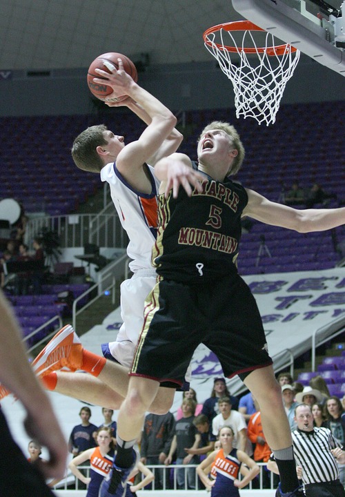 Paul Fraughton  |   Salt Lake Tribune
Maple Mountain's Nathan Guyman tries to stop the basket by Mountain Crest's Tyler Crosbie.
 Tuesday, February 26, 2013
