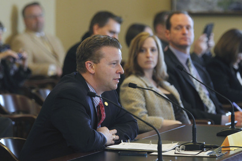 Al Hartmann  |  The Salt Lake Tribune
Sen. Todd Weiler, R-Woods Cross sponsor of SB83 speaks in the Senate Government Operations and Political Subdivisions Committee Tuesday February 26.  The bill would set limits on outside employment of elected and appointed state officials.