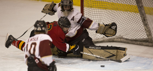 Lennie Mahler  |  The Salt Lake Tribune
Nickolas O'Cain shoots on the Viewmont goal. O'Cain had 4 goals to lead Judge to a 5-2 rout.
