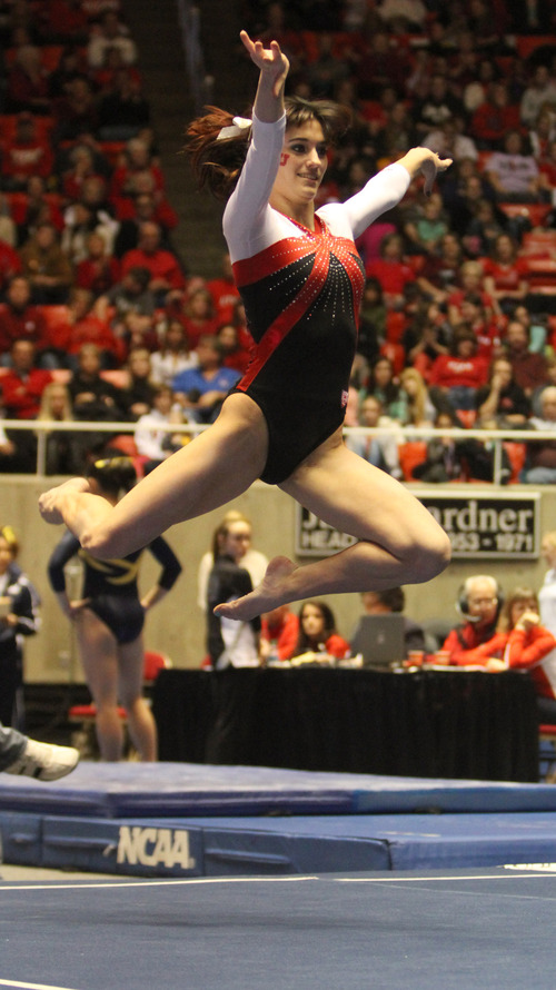 Rick Egan  | The Salt Lake Tribune 

Nansy Damianova competes on the floor for the Ute's, in gymnastics action against The University of California, at the Huntsman Center, Saturday, February 9, 2013.