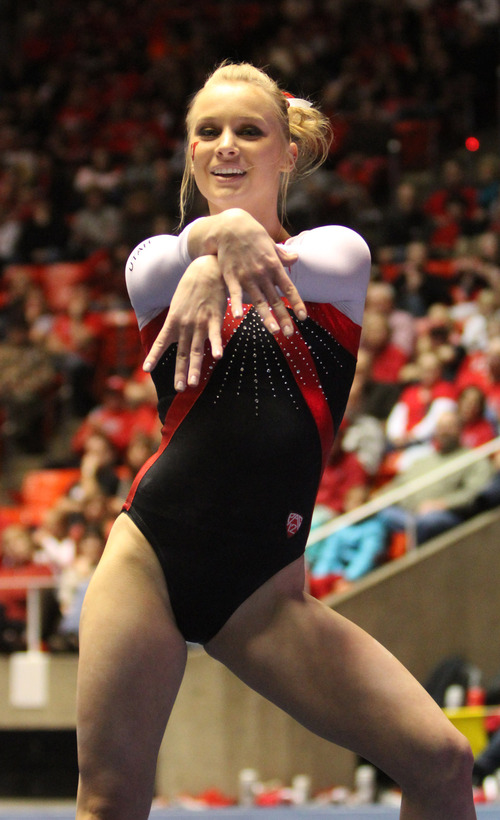 Rick Egan  | The Salt Lake Tribune 

Georgia Dabritz competes on the floor for the Ute's, in gymnastics action against The University of California, at the Huntsman Center, Saturday, February 9, 2013.