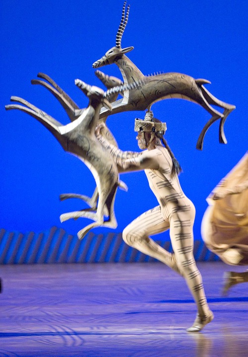 Paul Fraughton  |  The Salt Lake Tribune
 A gazelle  leaps across the stage in  The Lioness Hunt, a scene from The Lion King, playing at Salt Lake City's Capitol  Theater .Salt Lake City  Friday, August 13, 2010