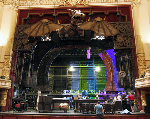 Al Hartmann  |  The Salt Lake Tribune  
Stage of the Capitol Theatre takes shape for the Broadway musical smash "Wicked." Eleven truckloads of its Tony Award-winning set designs and accoutrement were unloaded and assembled on the theater's stage for the upcoming performance.