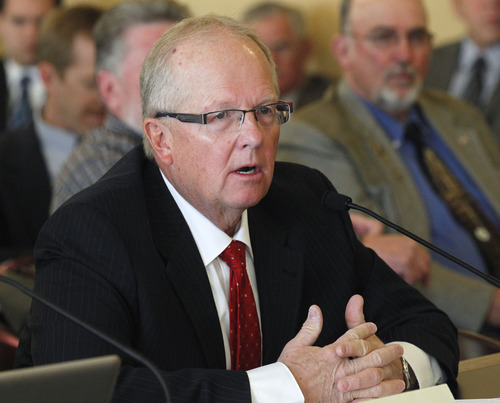 Al Hartmann  |  The Salt Lake Tribune
Rep. Mike Noel, R-Kanab, speaks before the House Natural Resources, Agriculture, and Environment Committee over HB155,  (Federal Law Enforcement Amendments) that would seek to limit power of Forest Service and BLM employees to enforce laws in Utah.