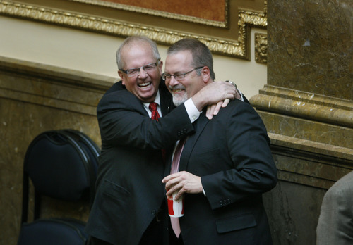 Scott Sommerdorf   |  The Salt Lake Tribune
After giving his thoughts on HB142 and Utah land issues in the Utah House of Representatives, Rep. Mike Noel, R-Kanab, hugs Sen. Stephen Urquhart, R-St. George, on the House floor, Wednesday, February 27, 2013.