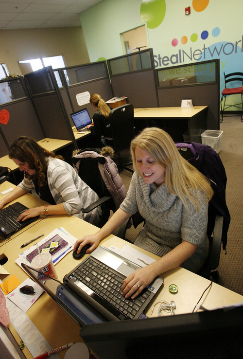 Francisco Kjolseth  |  The Salt Lake Tribune
Lindsey Lupic, right, in HR and Alyssa Kaldahl, an account manager, work in the office at Steals.com in Salt Lake City. In order to foster more collaboration among staff, changes are being phased in that would reduce the hours employees work from home at the company that specializes in deals of boutique-quality products for women, kids, babies and scrapbooking.