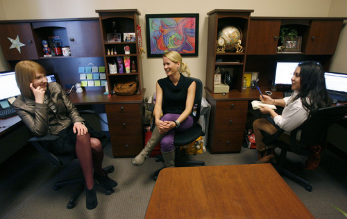 Francisco Kjolseth  |  The Salt Lake Tribune
Jana Francis, center, founder and president of Steals.com in Salt Lake City, meets with her social media staff Danielle Chard, left, and Tawnee Madlen in the office recently. Francis has been closely following the edict from Yahoo! that people working remotely will now have to come into the office to work. In order to foster more collaboration among her staff, she is rolling in similar changes at her company that specializes in deals of boutique-quality products for women, kids, babies and scrapbooking.