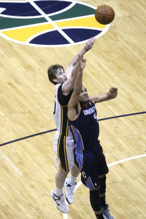 Chris Detrick  |  The Salt Lake Tribune
Utah Jazz shooting guard Gordon Hayward (20) shoots over Charlotte Bobcats shooting guard Jeffery Taylor (44) during the first half of the game at EnergySolutions Arena Friday March 1, 2013.